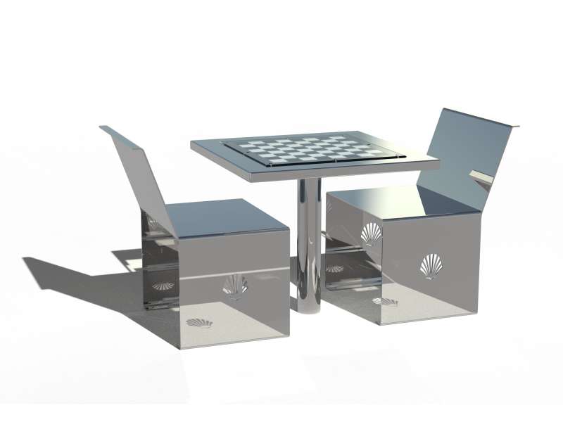 2 sièges + Table d'échec - Version inox 316L + poli brillant par traitement électrolytique